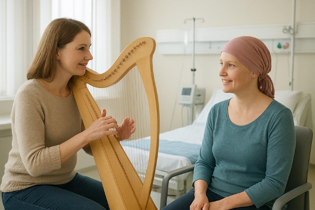 Frau spielt Harfe für lächelnde Patientin im Krankenhauszimmer.