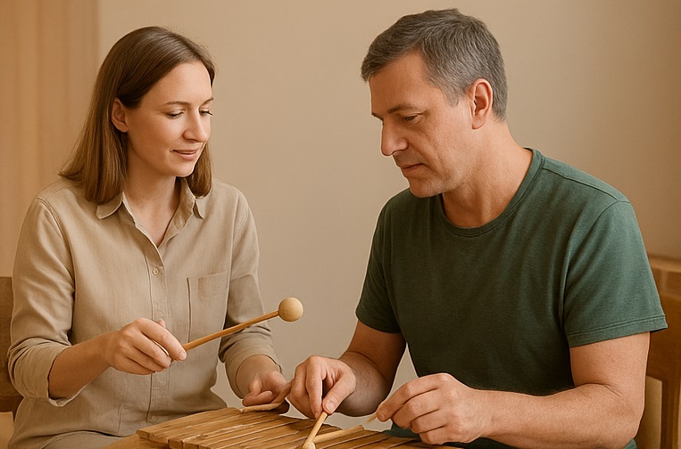 Frau und Mann spielen Glockenspiel.