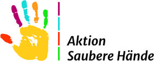 Logo der Aktion saubere Hände. Es zeigt den Abdruck einer Hand in bunten Farebn.