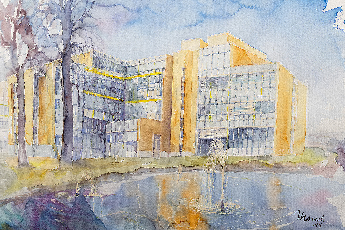 Modernes Gebäude mit großen Fenstern an einem See