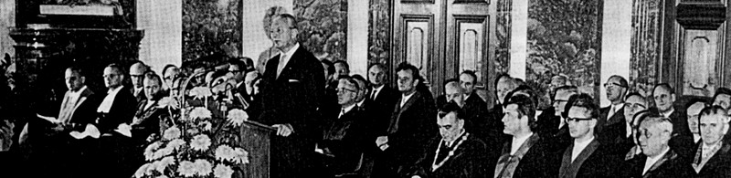 Kurt Georg Kiesinger (Former Chancellor of West Germany and Govenor of Baden-Wuerttemberg) speaking at the inaugural ceremony