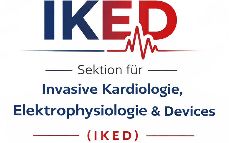 Logo mit der Aufschrift ‚IKED‘ in Blau und Rot, mit einem EKG-Herzschlag-Symbol. Darunter steht ‚Sektion für Invasive Kardiologie, Elektrophysiologie & Devices (IKED)