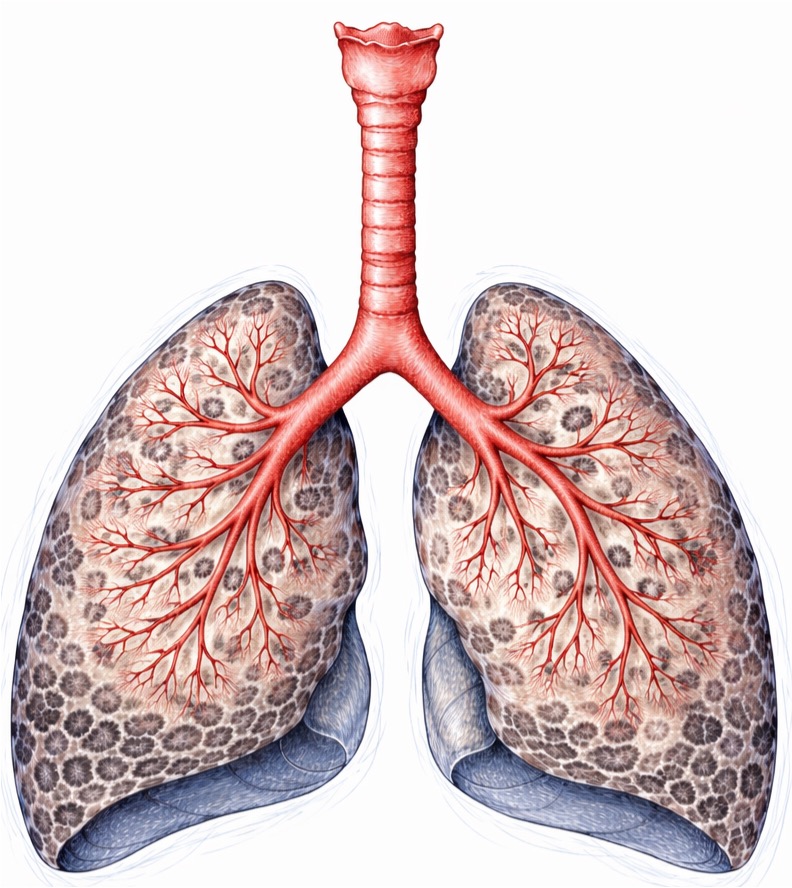 Lungenfibrose. Quelle: Universitätsklinikum Mannheim, V Med. Klinik, mit KI erstellt.