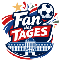 Logo „Fan des Tages“ mit großen weißen Buchstaben auf blau-rotem Hintergrund. Oben rechts ein Fußball mit Sternen und Schwüngen, unten eine stilisierte Gebäudeansicht. Sportlich und dynamisch.