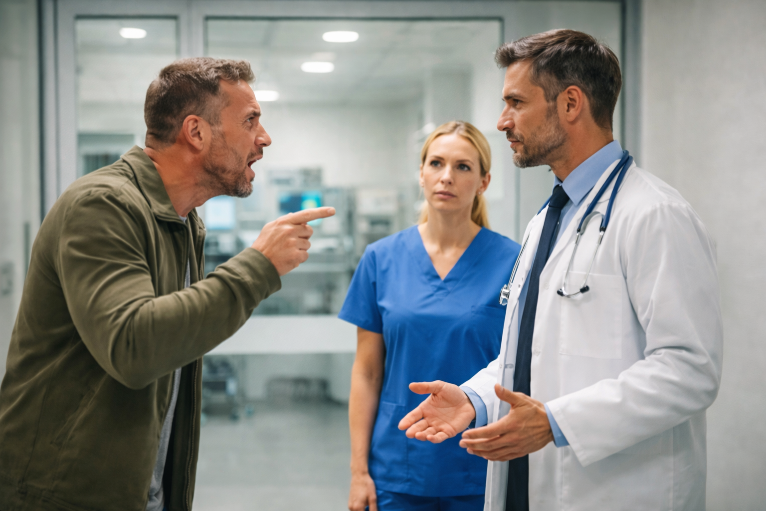 Streitgespräch in einer Klinik: Ein verärgerter Mann zeigt mit dem Finger auf einen Arzt im weißen Kittel, während eine Pflegekraft im Hintergrund besorgt zusieht.