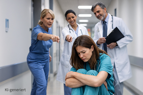 Pflegekraft sitzt verzweifelt im Krankenhausflur, Kolleginnen und Kollege zeigen mit dem Finger auf sie, KI-generiertes Bild